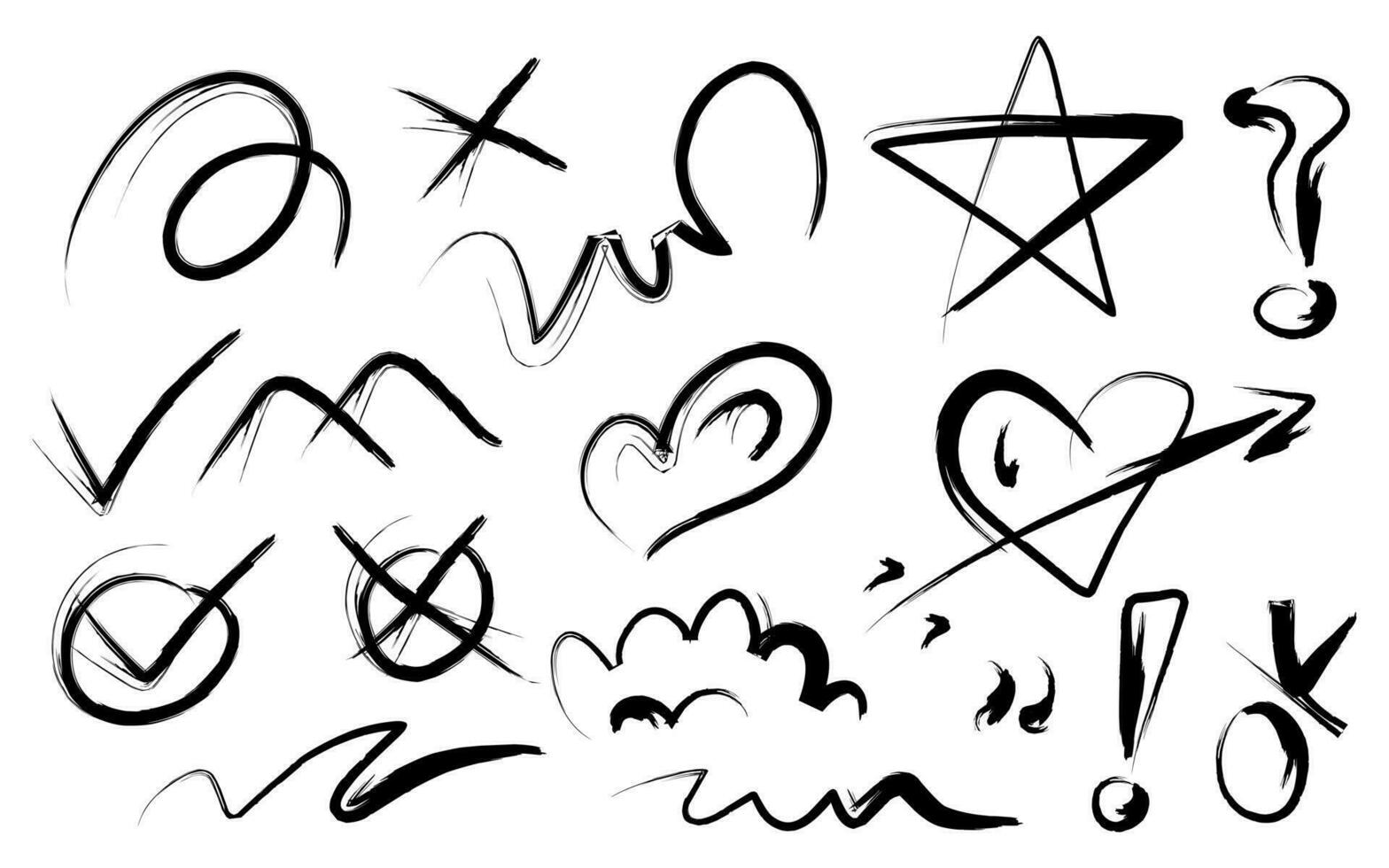 Set of trendy doodle and random childish doodle elements isolated on white background. Brush drawn, stroke, underline, star, heart shape, question mark, exclamation mark, true mark, and curly lines. vector