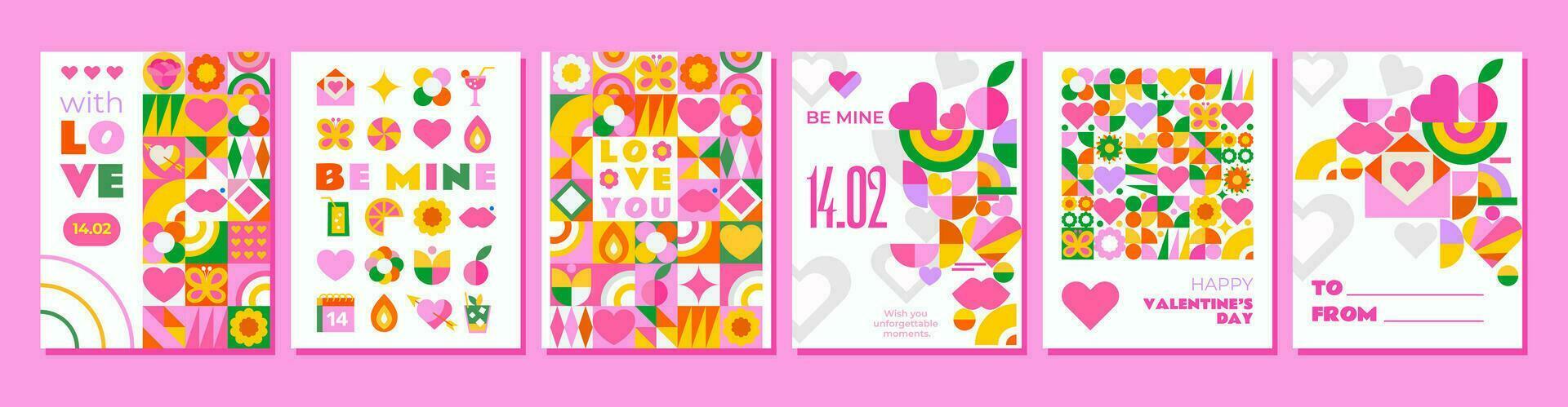 6 pink templates to celebrate Valentine's Day. They have a bright and cute mosaic design, perfect for creating greetings, invitations, cards, advertising and other creative projects. vector