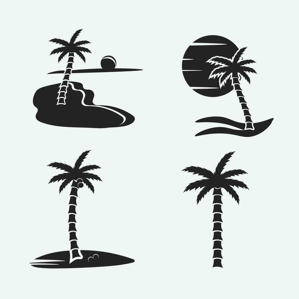 palma árbol en el playa silueta conjunto vector ilustración, logo palma árbol