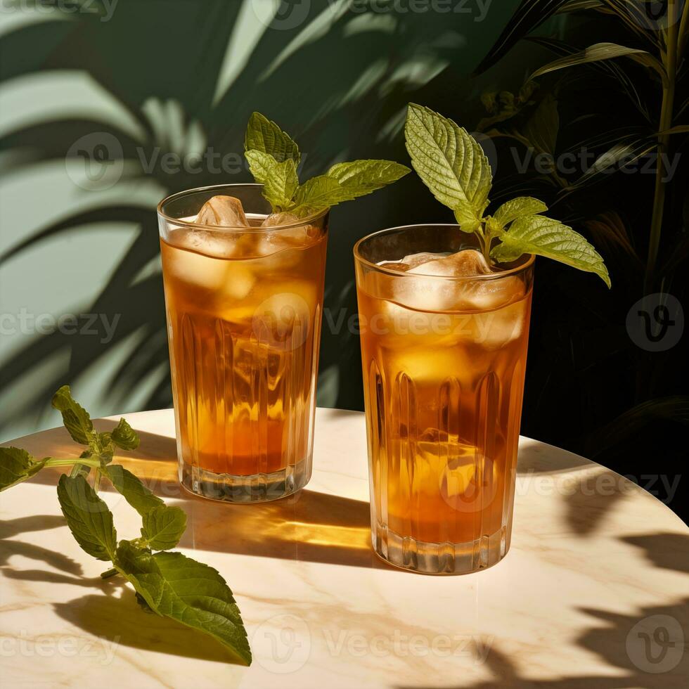 long island iced tea cocktail with strong drinks, cola, lime, and ice in a glass, cold long drink, or lemonade. Generative Ai photo