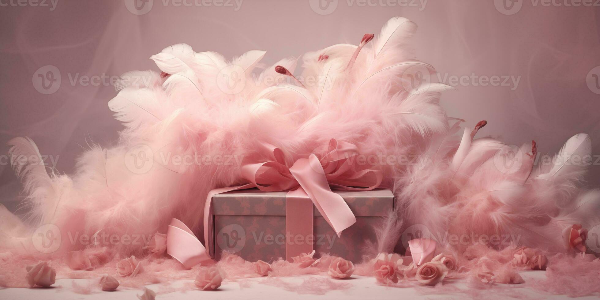 AI generated Pink gift box surrounded by feathers on a pink background. Valentines Day celebration. Generated by artificial intelligence. photo