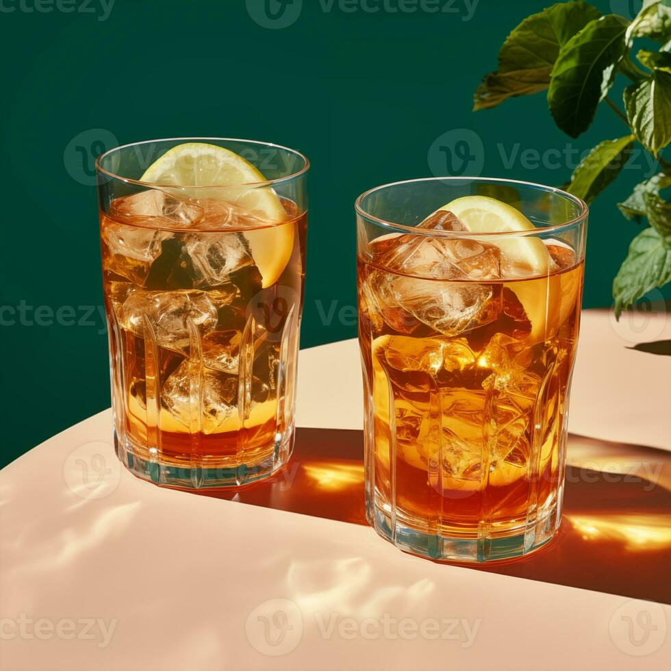 long island iced tea cocktail with strong drinks, cola, lime, and ice in a glass, cold long drink, or lemonade. Generative Ai photo