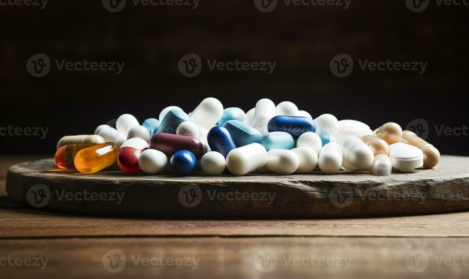 AI generated Colorful medical tablets on the table. View from the side. photo