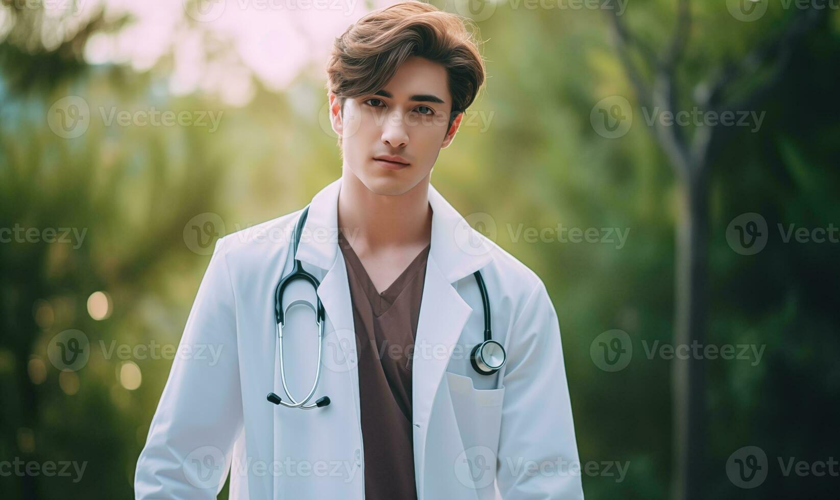 Portrait of a friendly male doctor in workwear with a stethoscope on his neck posing on the street, looking and smiling at the camera, free space. photo