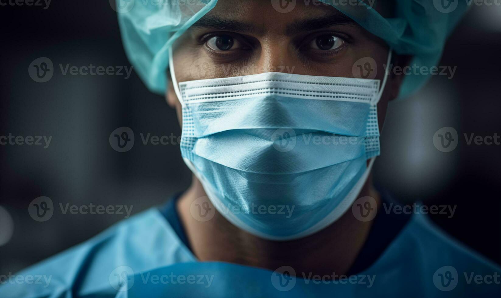 Male doctor surgeon practitioner wearing a medical mask in hospital, headshot portrait. Generative AI photo