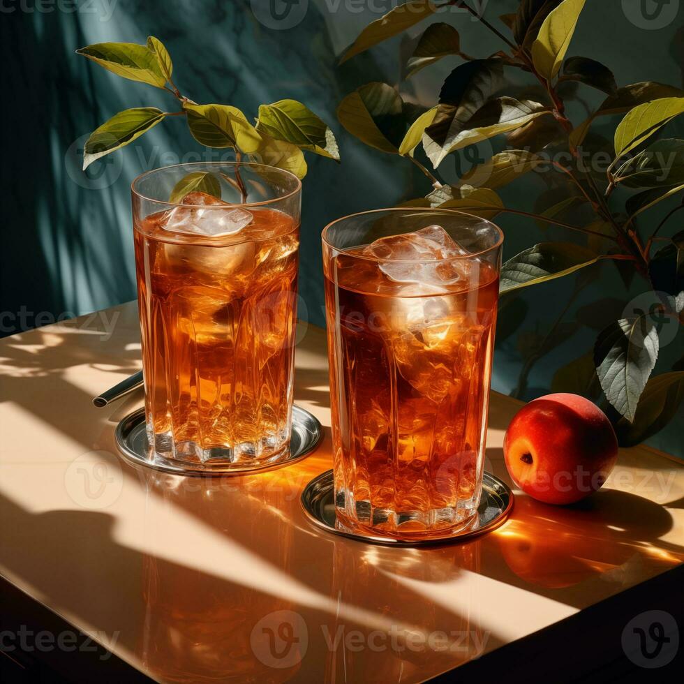 Long Island iced tea cocktail with strong drinks, cola, lime, and ice in a glass, cold long drink, or lemonade. Generative Ai photo