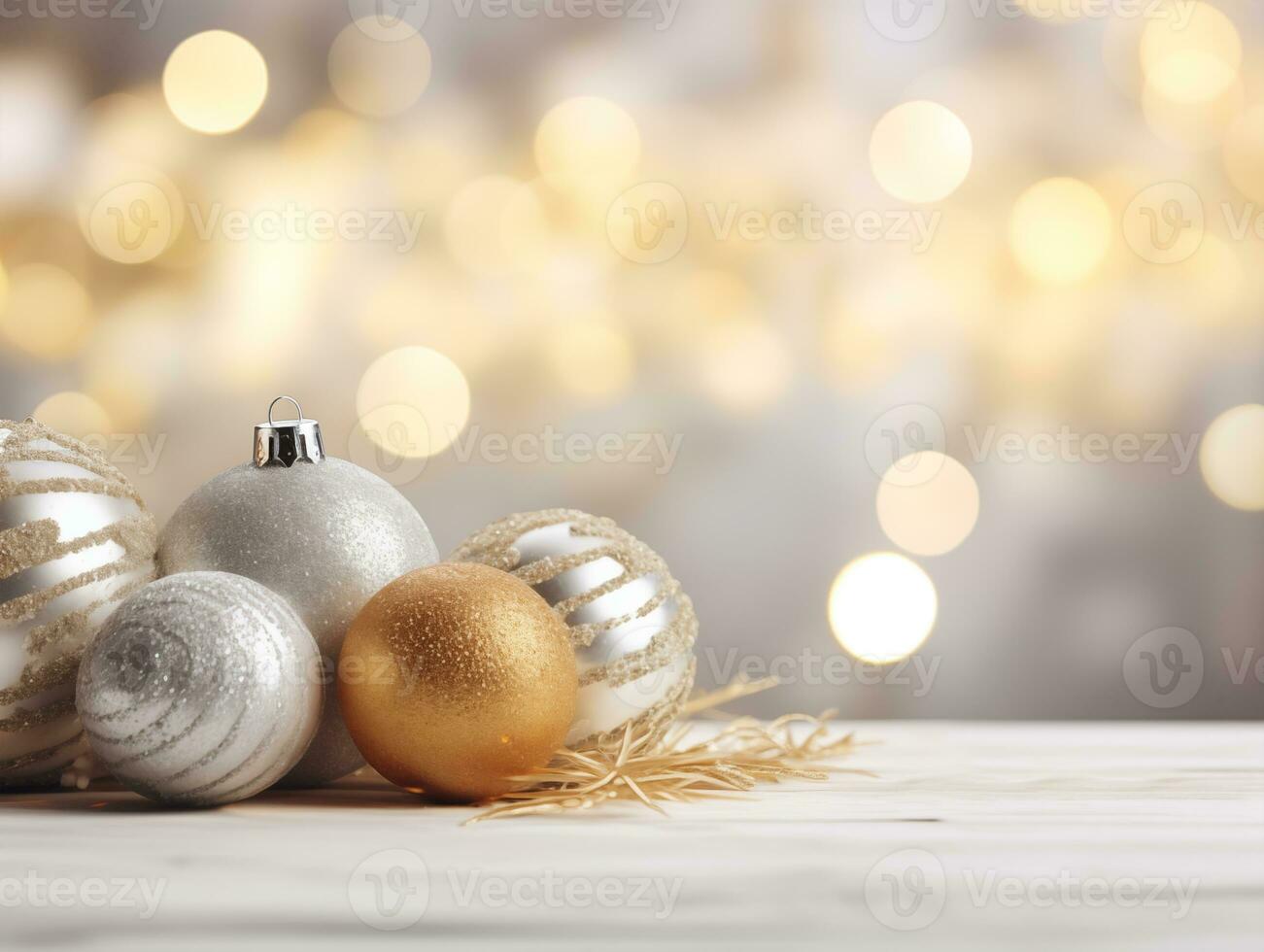 New Year's balls with snowflakes on the table in gold and silver colors photo