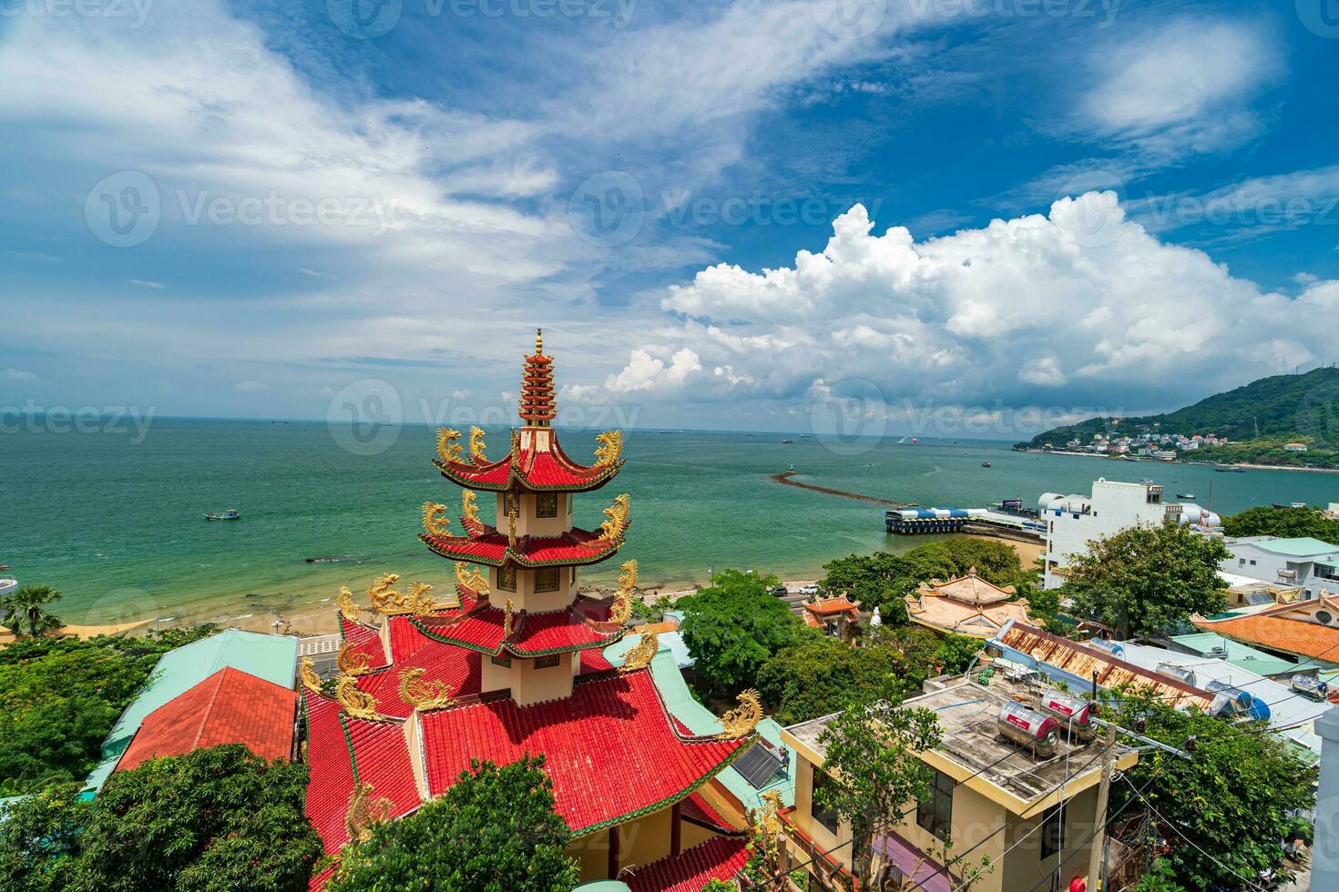 Tu Quang Pagoda in the coastal city of Vung Tau. Views of the sea and part of the city. photo