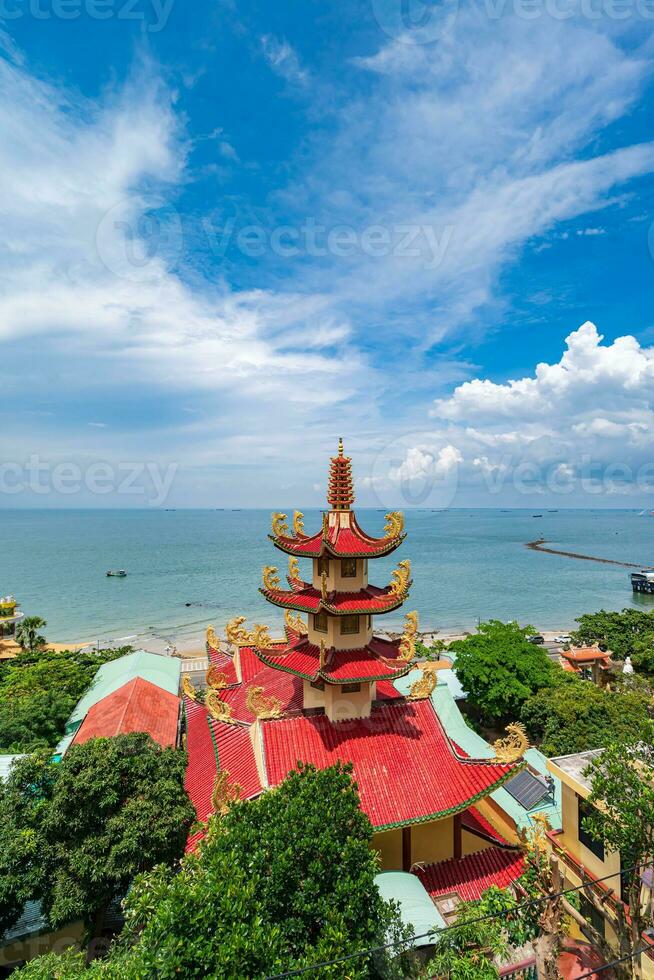 Tu Quang Pagoda in the coastal city of Vung Tau. Views of the sea and part of the city. photo