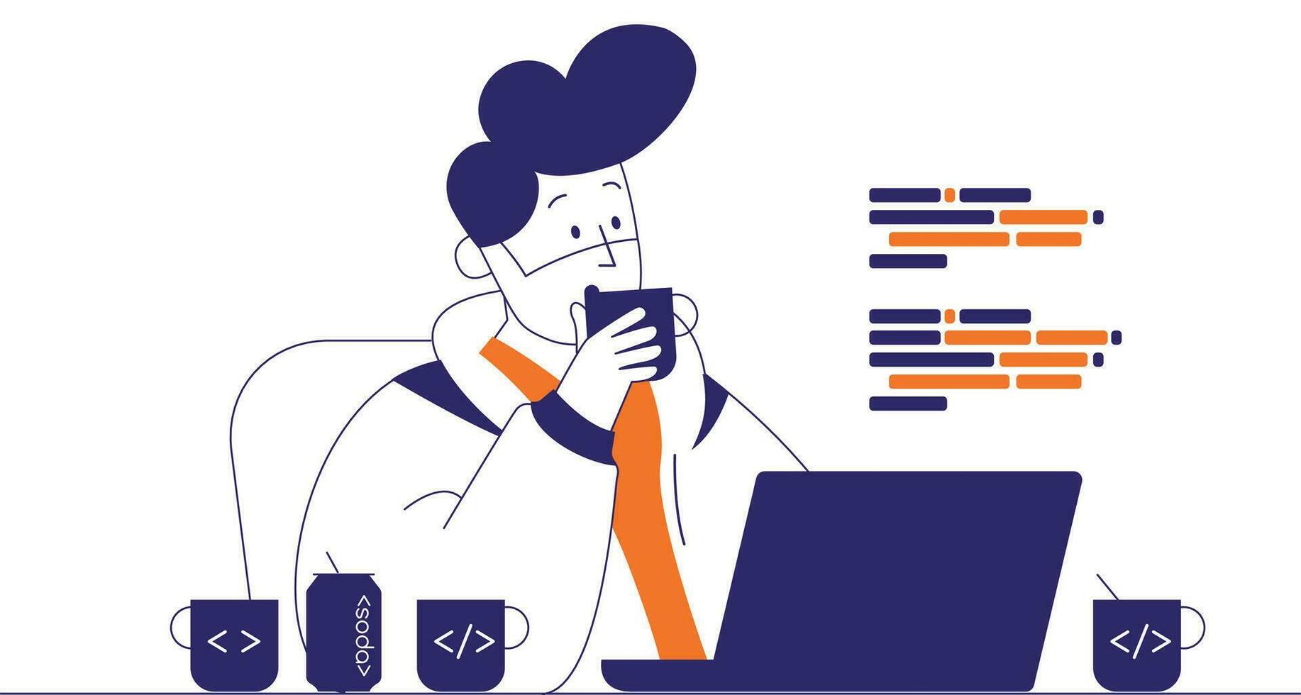 Developer working on laptop and drinking coffee. Flat style vector illustration.