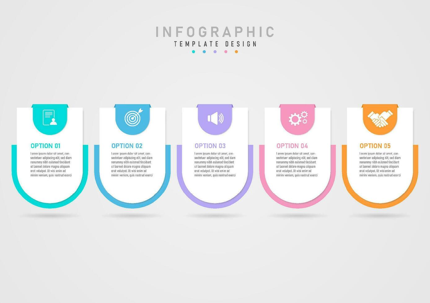 Simple infographic template 5 business options curved corner square White letters in the middle of multi-colored curved rectangular back. Above is a white icon on a colored background. vector
