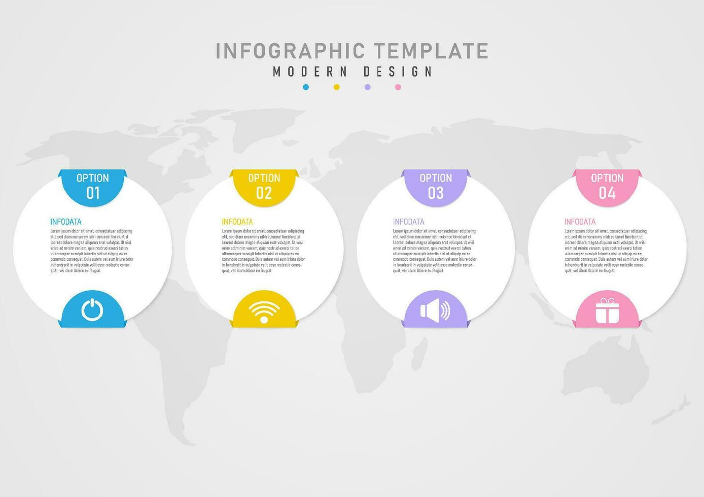 Infographic template 4 options simple business white circle text top center pastel colored semicircle Multi-colored top and bottom White icon below the map below. gray gradient background vector