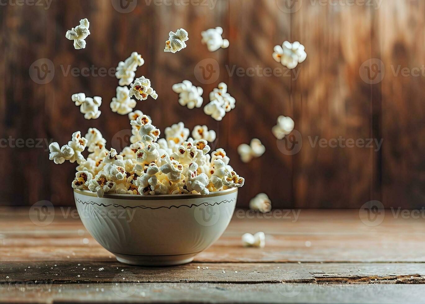 AI generated popcorn falling from bowl on wooden table photo