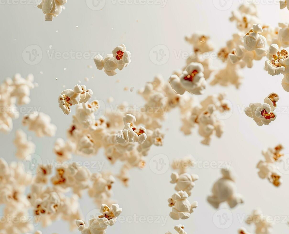 AI generated popcorn flying across a white background photo