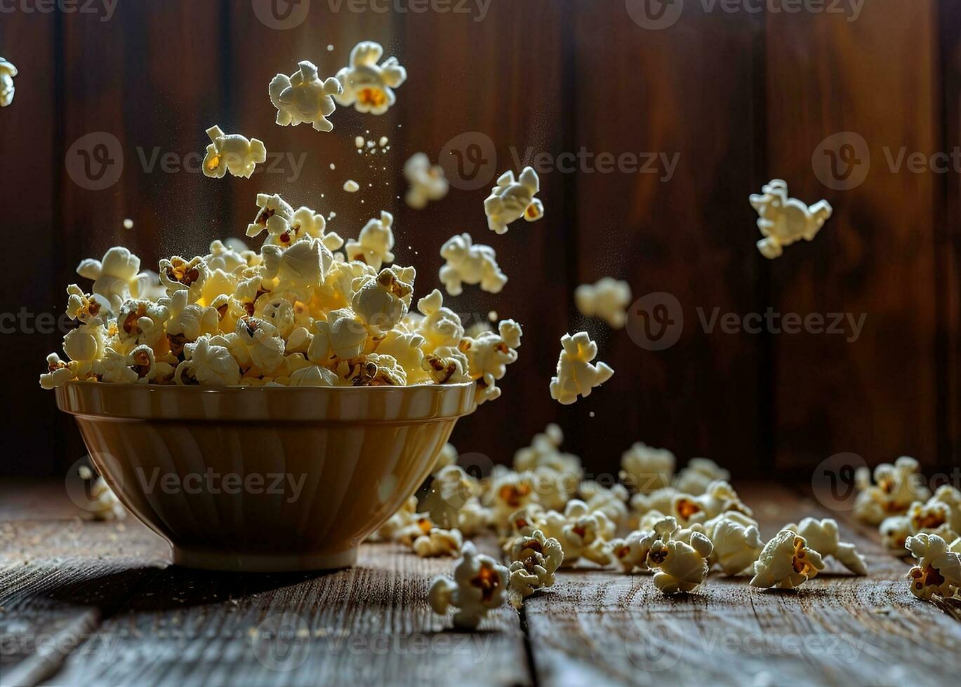 AI generated popcorn falling from bowl on wooden table photo