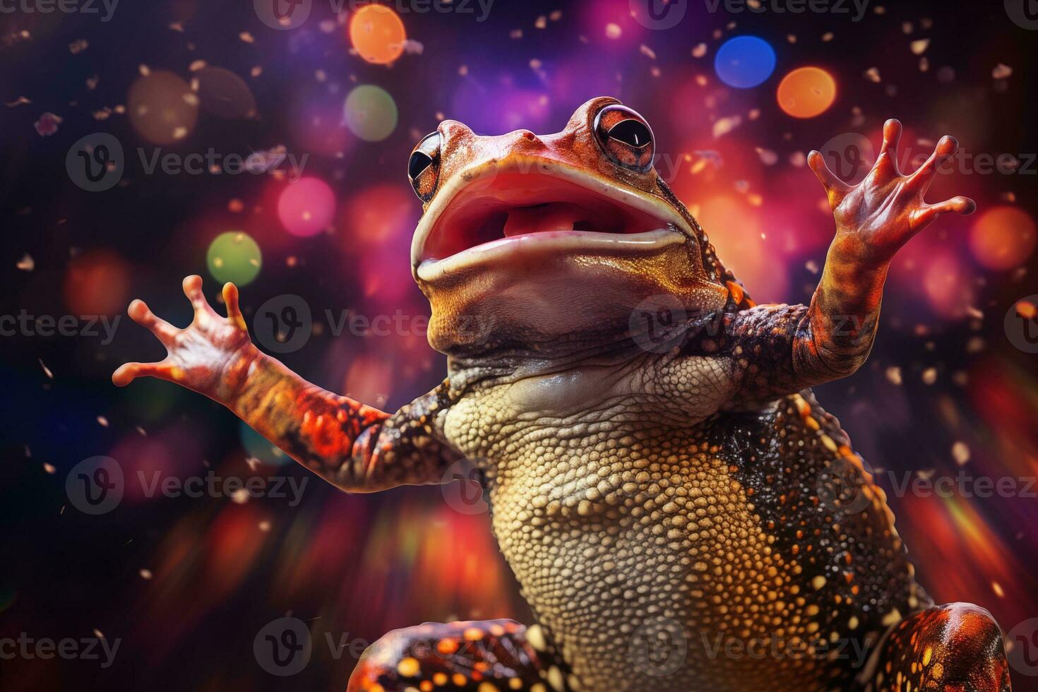 AI generated rainbow frog on rainbow lightning background photo