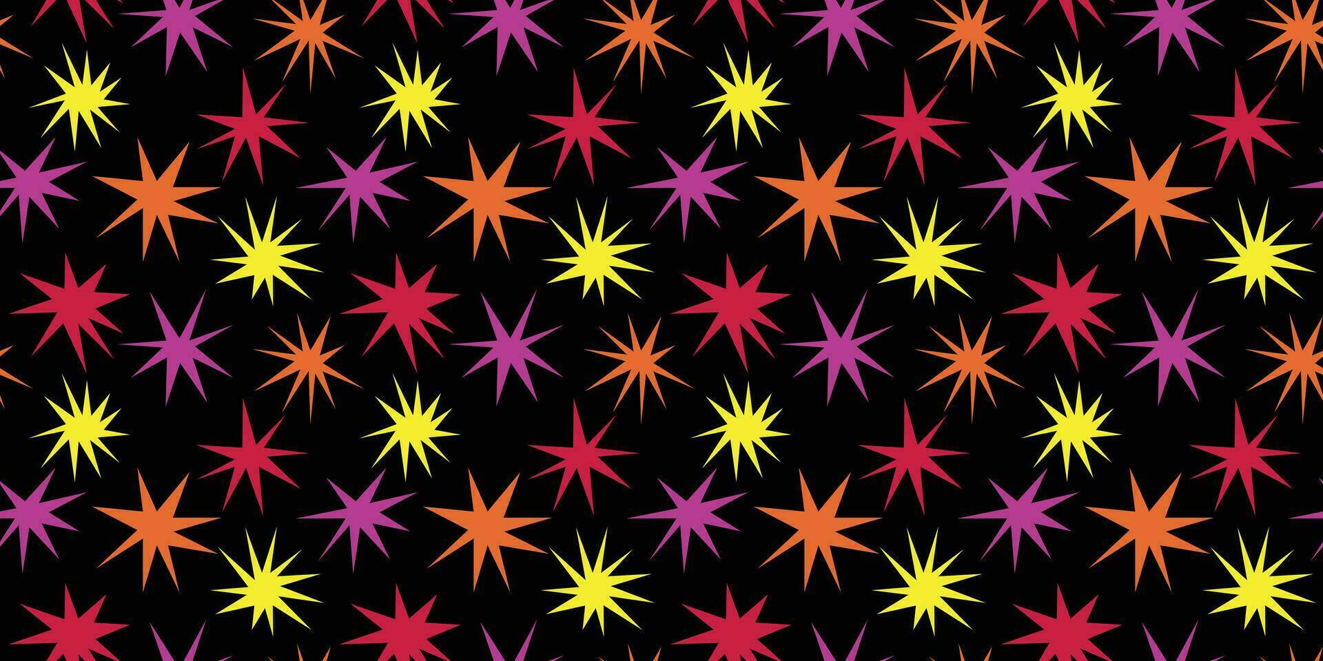 Seamless pattern with colorful geometric stars. Confetti abstract on black background. Trendy irregular stars. Modern print, orange, pink, purple and yellow colors. Vector illustration