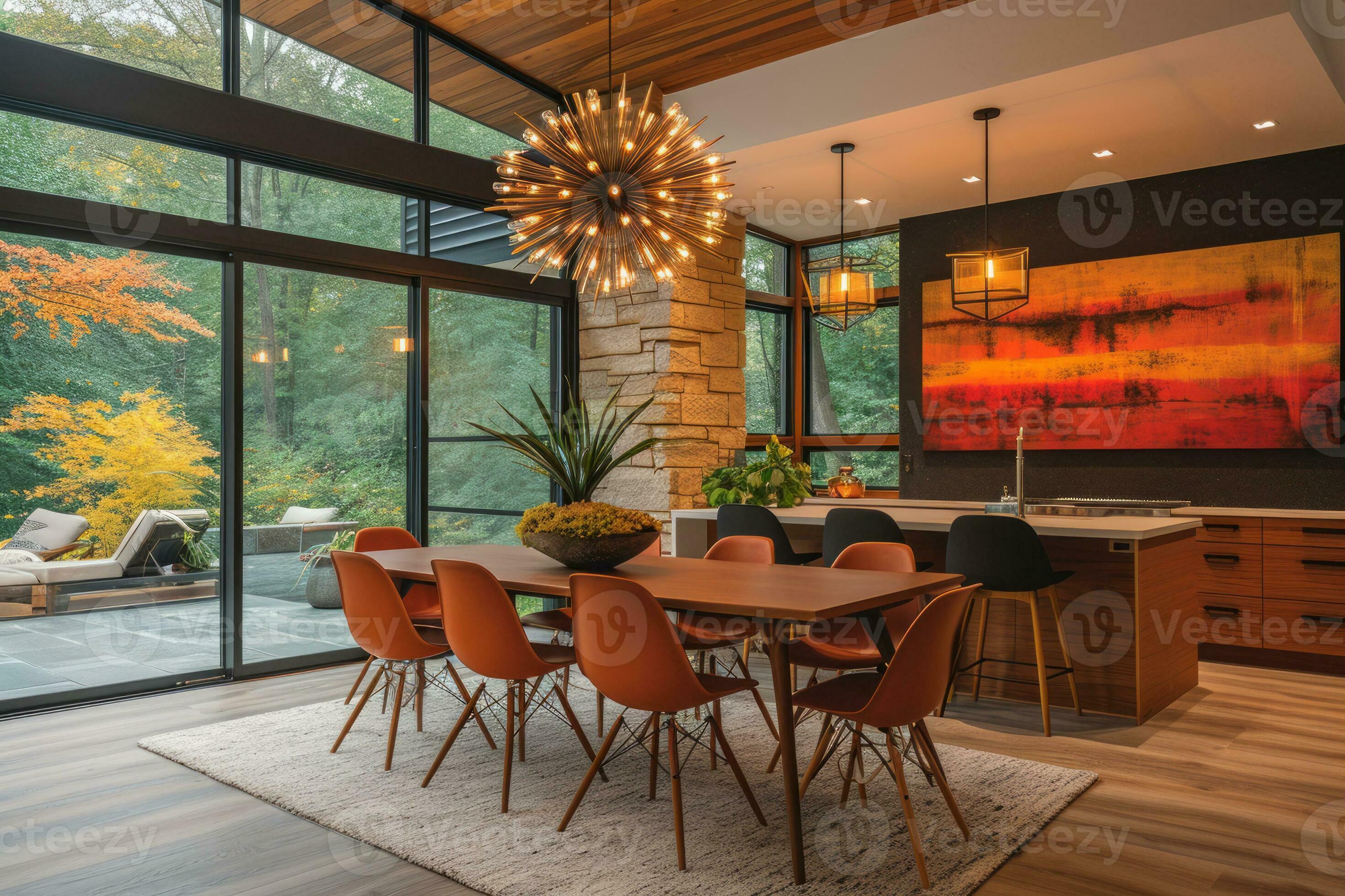 AI generated A chic and sophisticated dining room with mid century