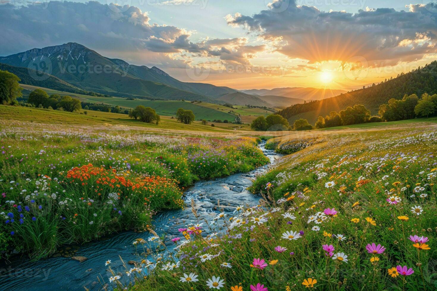 AI generated A green meadow , under a peaceful sky, vibrant with the beauty of a summer sunrise, wildflowers in bloom, a sparkling river flowing, and lush green hills photo