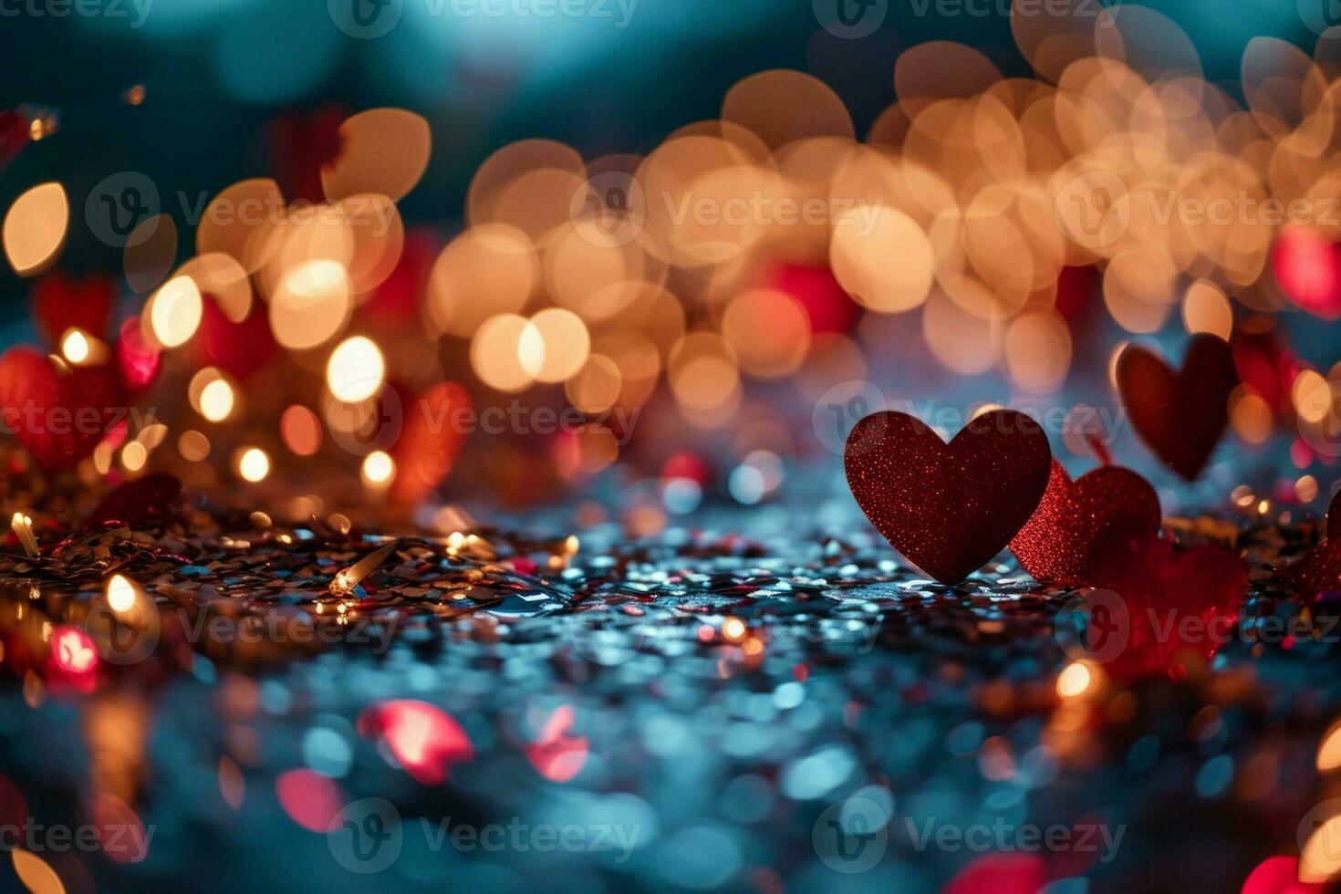 AI generated A love background featuring floating paper hearts and confetti in a dreamy, bokeh-lit setting, perfect for romantic celebrations or Valentine's Day themes photo