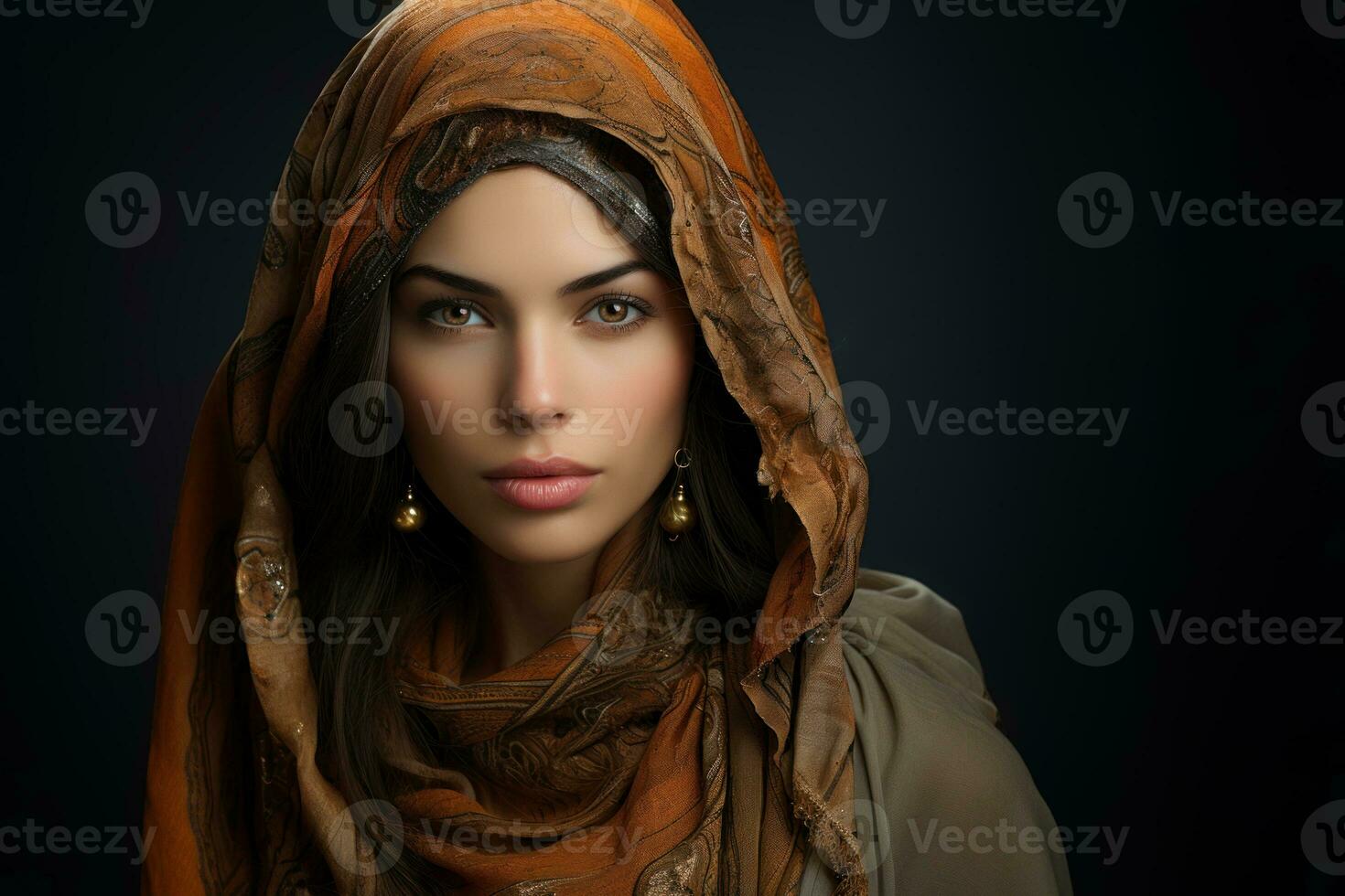 AI generated A Muslim woman wearing traditional hijab headscarf clothing on dark background. photo