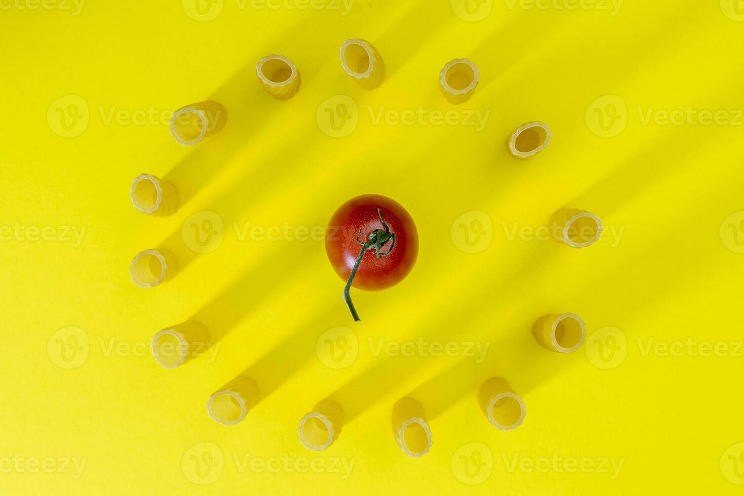 small group of fresh macaroni rigati lined up in a circle on yellow background photo