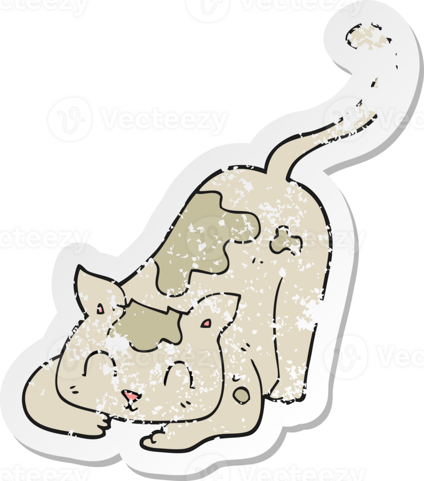 retro distressed sticker of a cartoon cat playing png