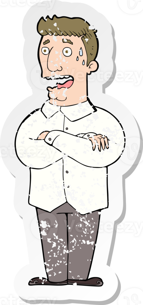 retro distressed sticker of a cartoon nervous man sweating png