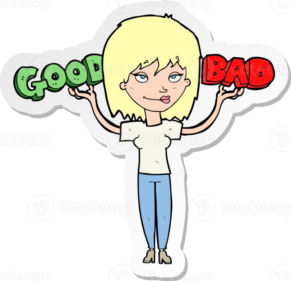 sticker of a cartoon woman weighing up options png