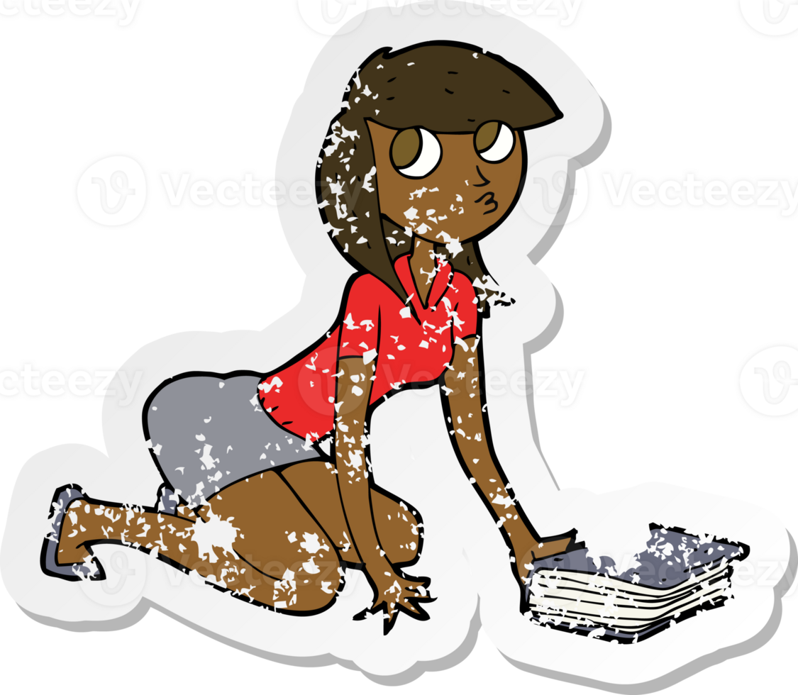 retro distressed sticker of a cartoon girl picking up book png
