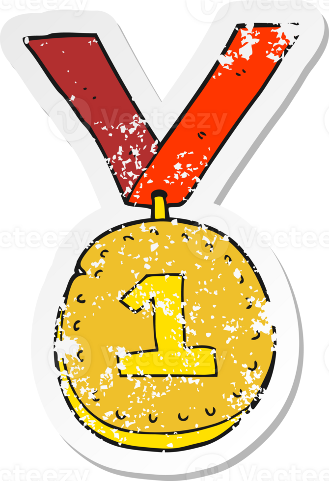 retro distressed sticker of a cartoon first place medal png
