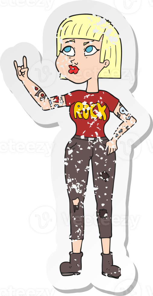 retro distressed sticker of a cartoon rock girl png