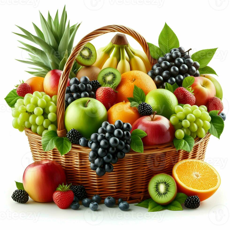 AI generated Fruits In A Basket Isolated On White Background photo