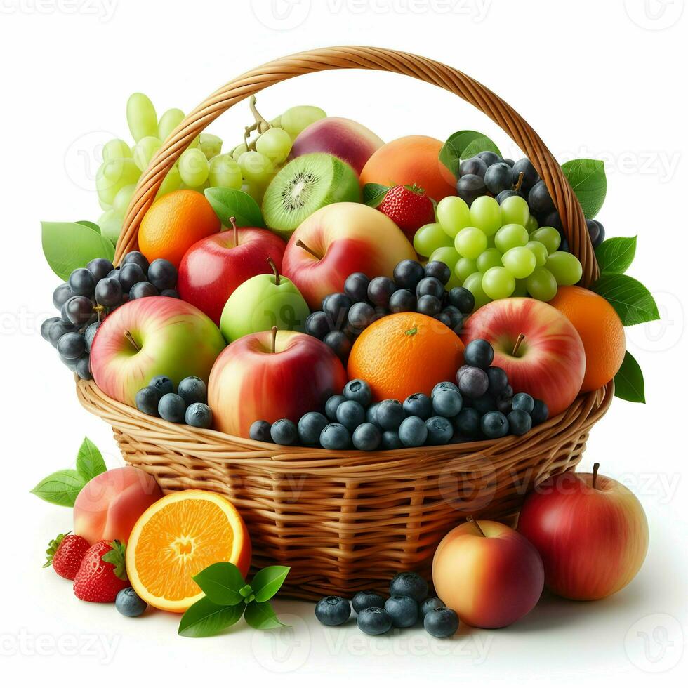 AI generated Fruits In A Basket Isolated On White Background photo