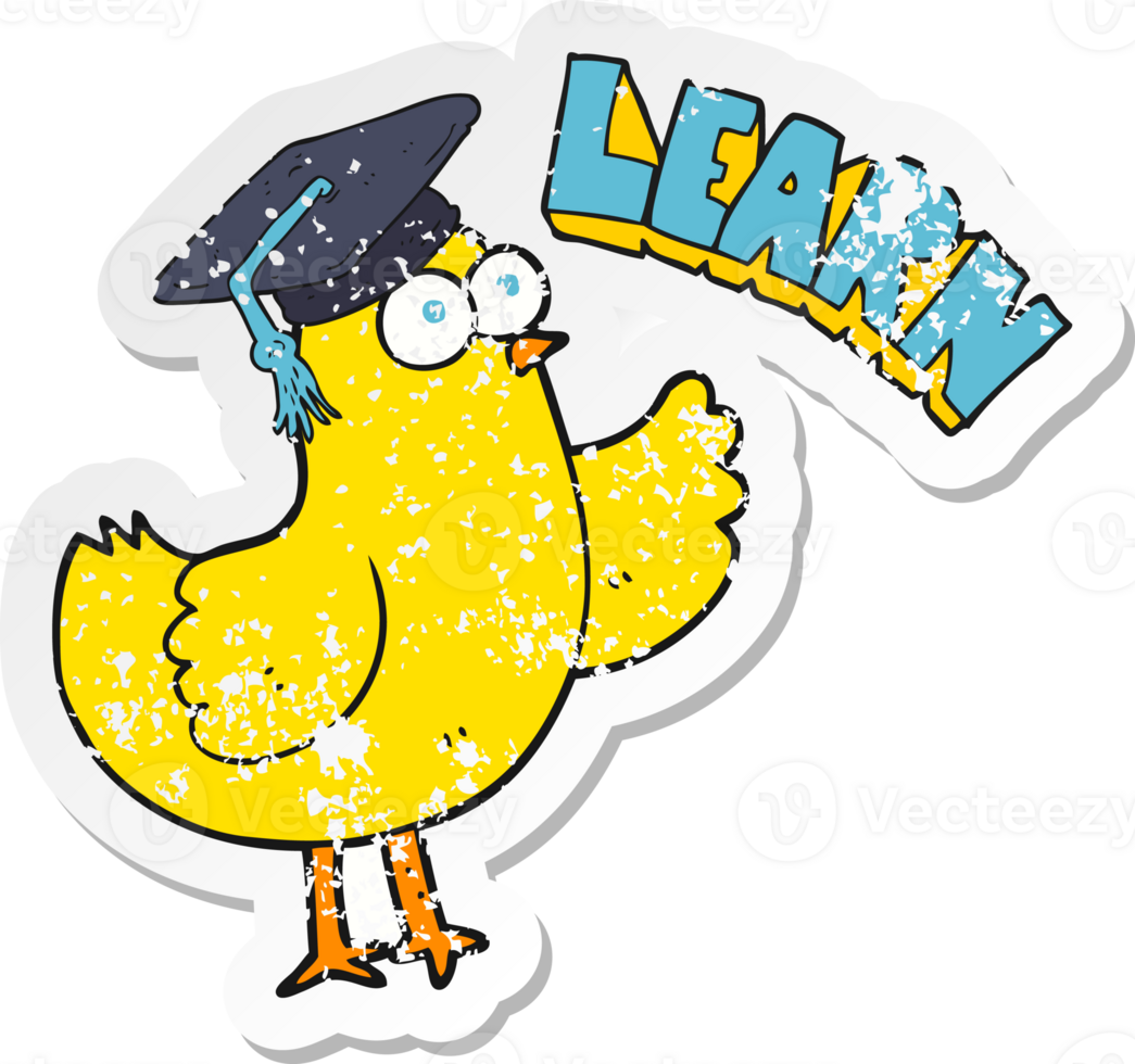 retro distressed sticker of a cartoon bird with learn text png