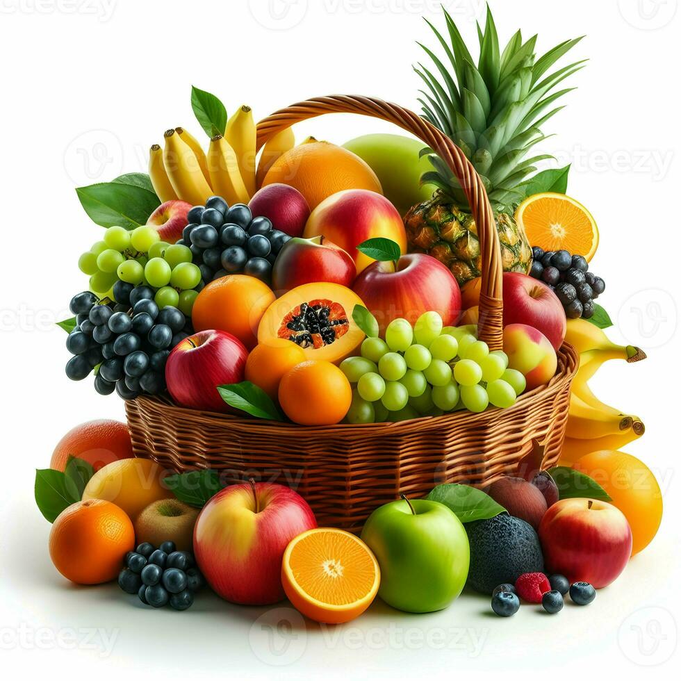 AI generated Fruits In A Basket Isolated On White Background photo