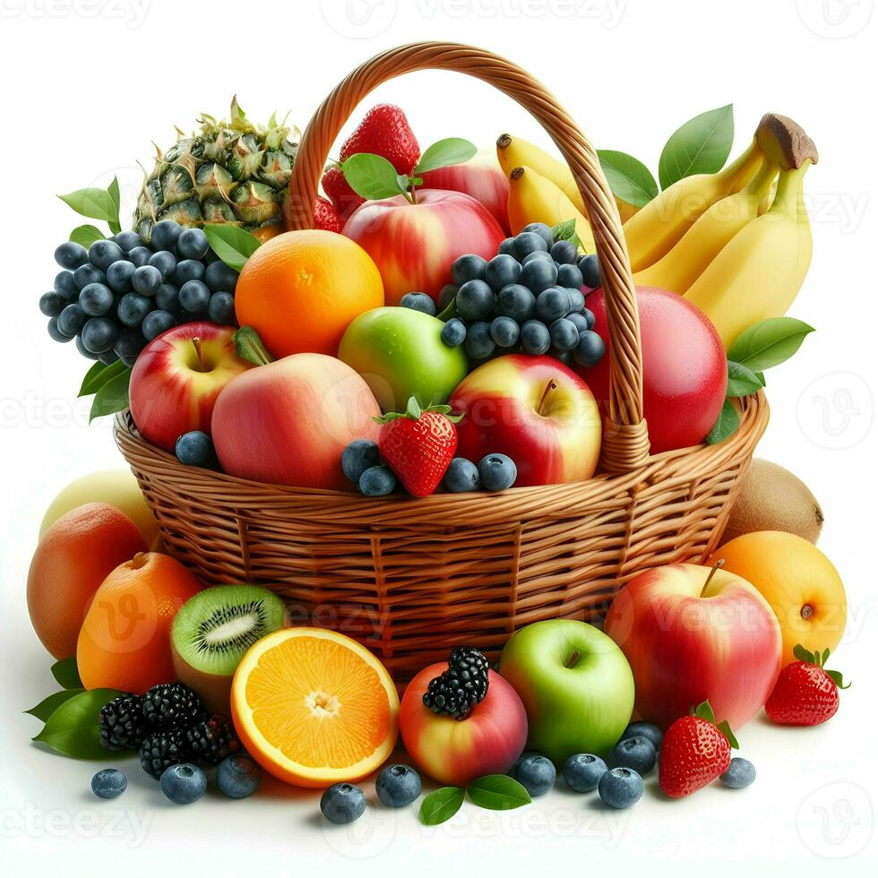 AI generated Fruits In A Basket Isolated On White Background photo