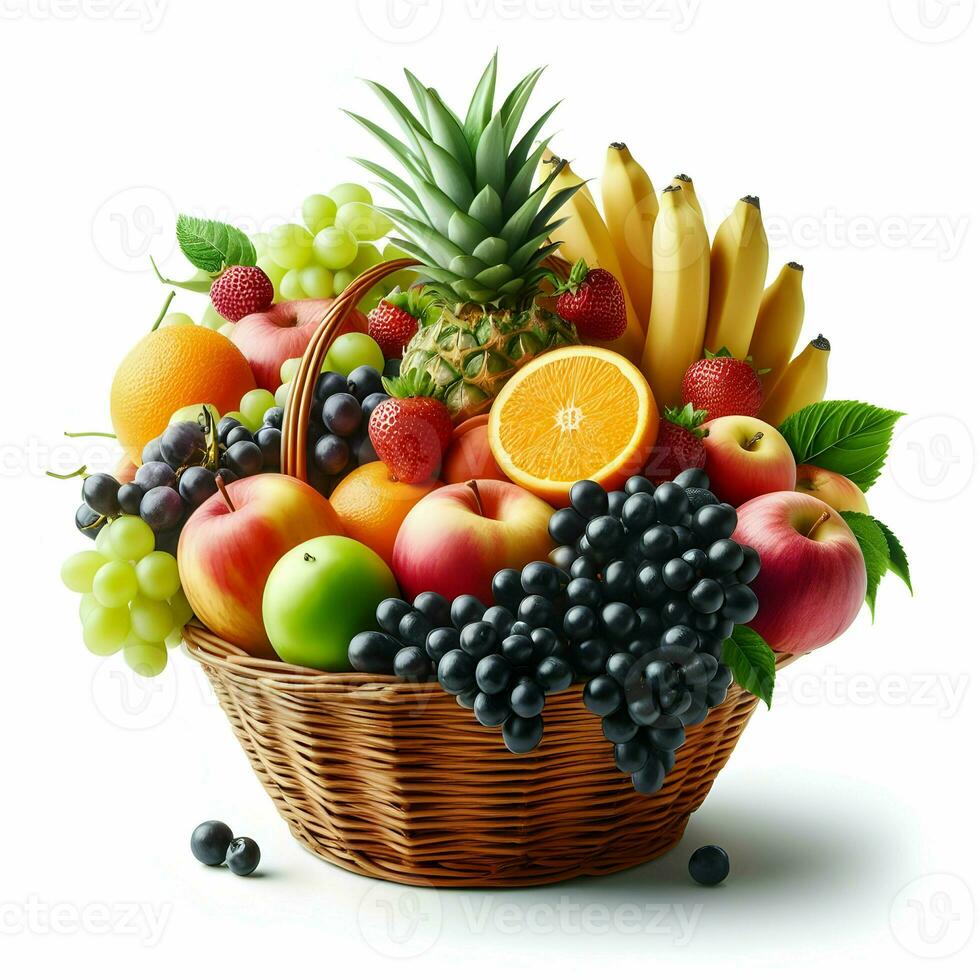 AI generated Fruits In A Basket Isolated On White Background photo