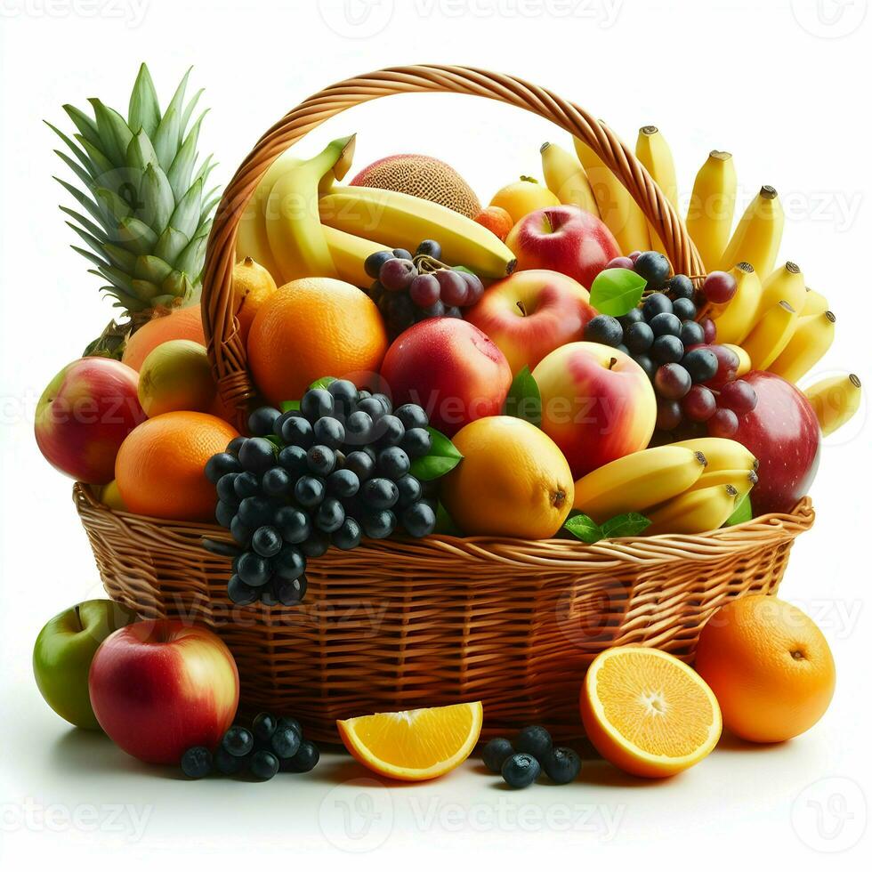 AI generated Fruits In A Basket Isolated On White Background photo
