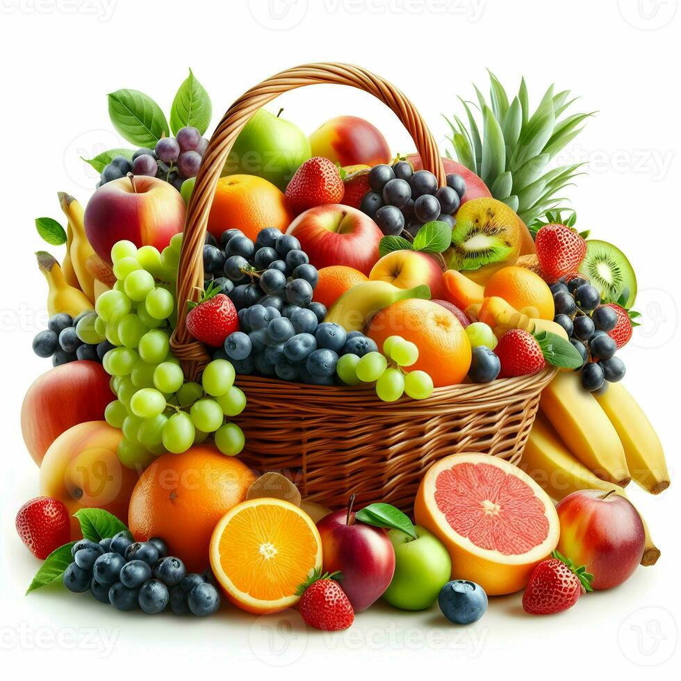 AI generated Fruits In A Basket Isolated On White Background photo