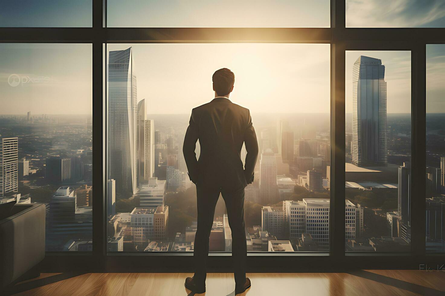 AI generated Businessman standing in office room in front of big window photo