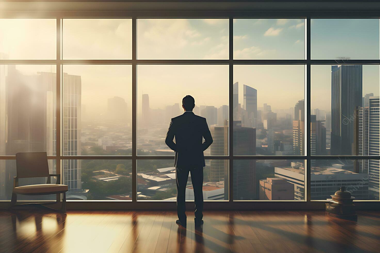 AI generated Businessman standing in office room in front of big window photo