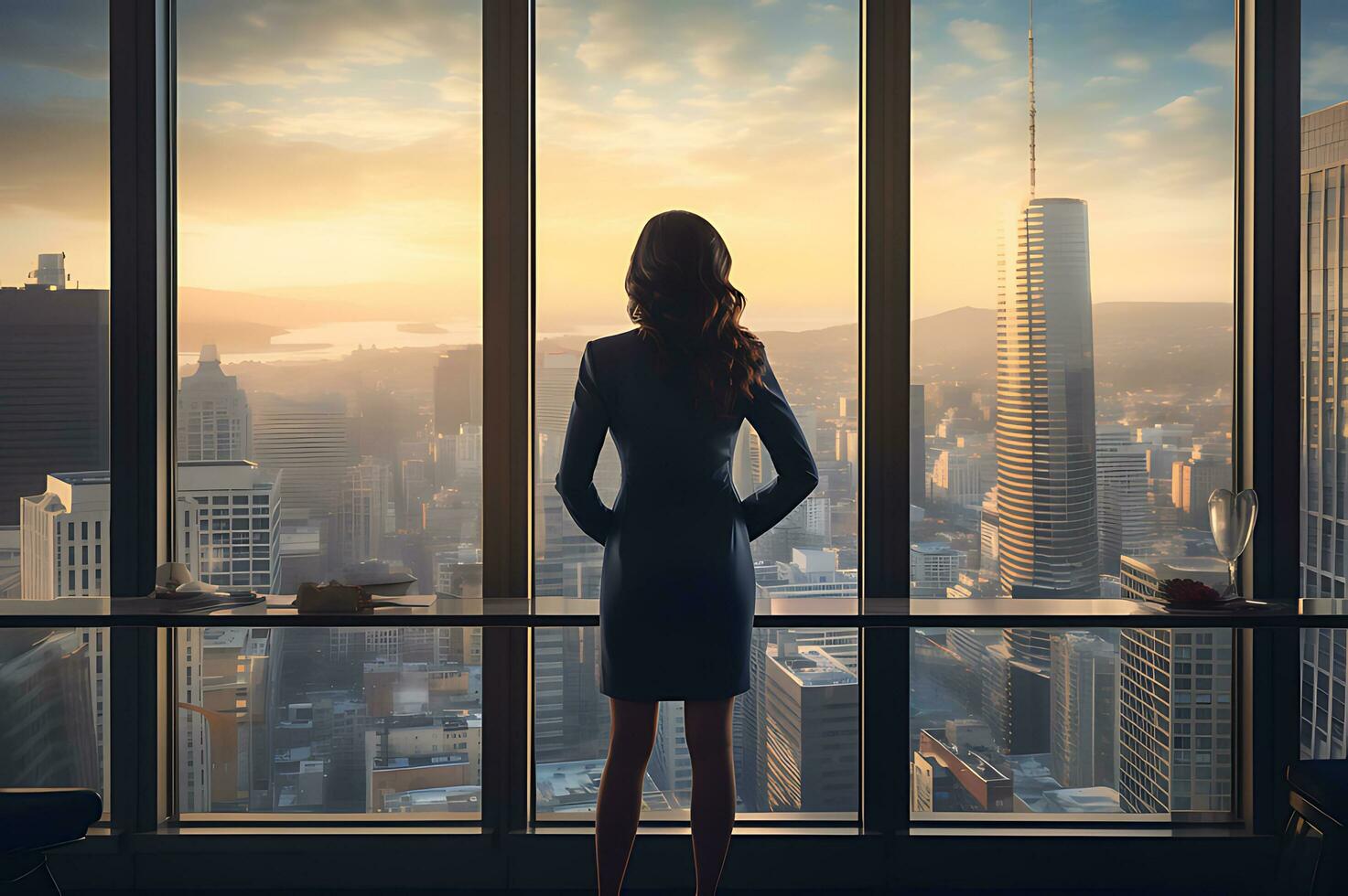 AI generated Businesswoman standing in office room in front of big window photo