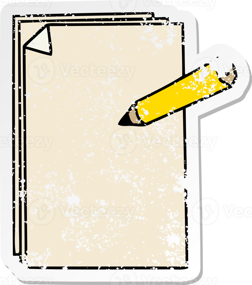 distressed sticker of a quirky hand drawn cartoon paper and pencil png