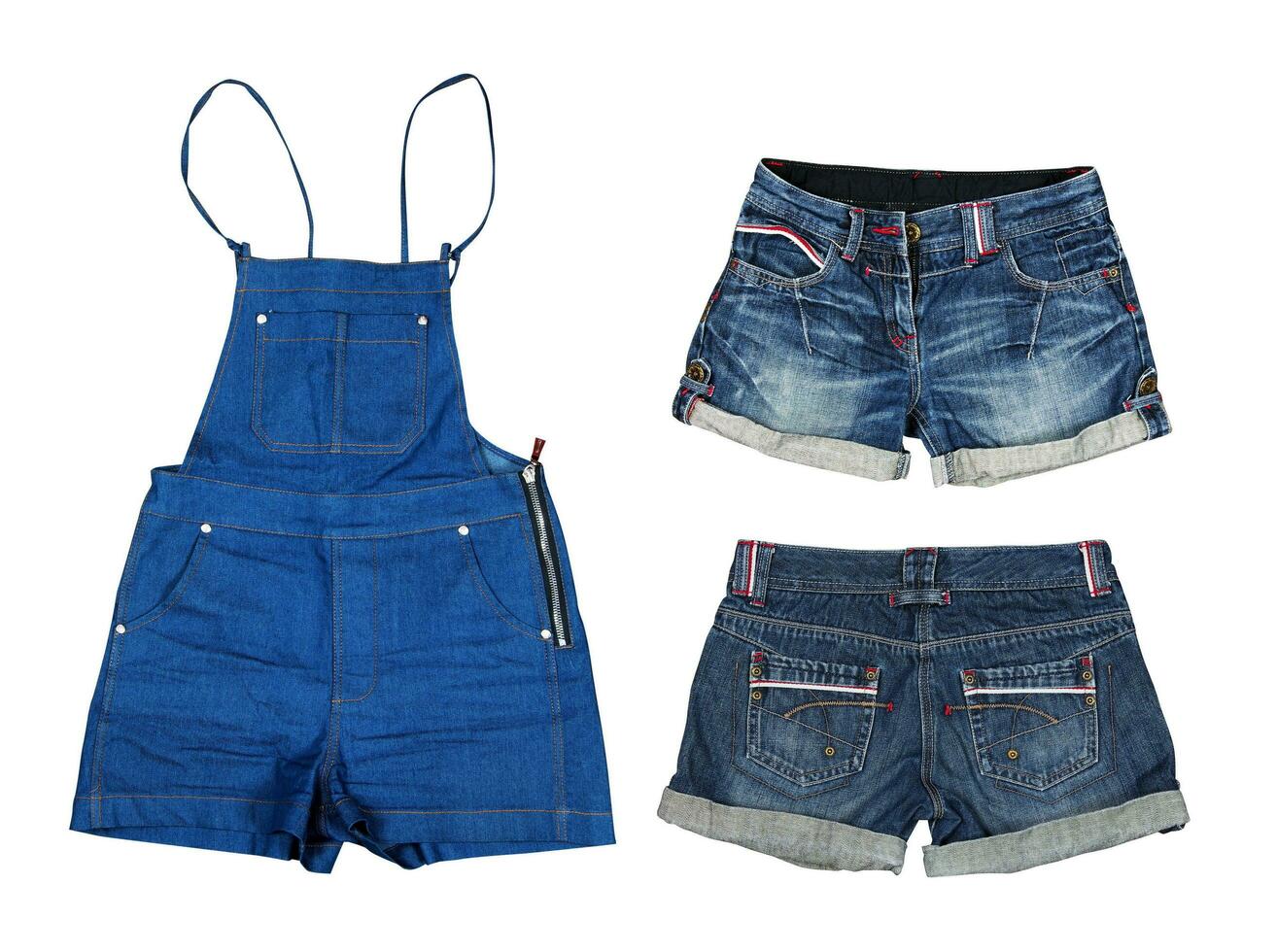 Collection of jeans clothes on white photo