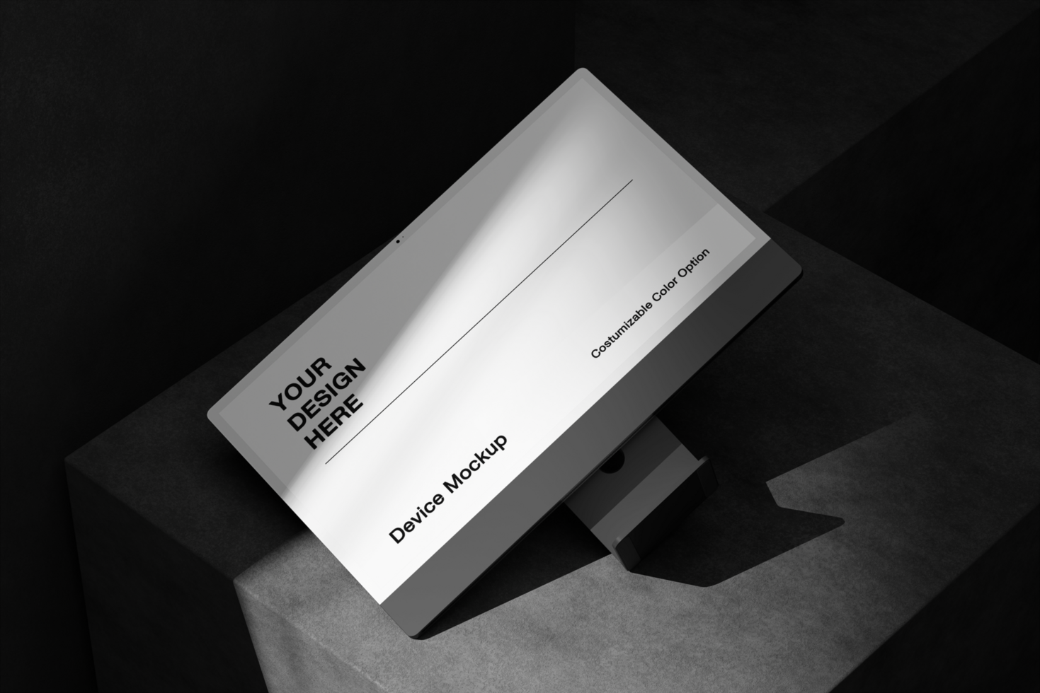 Computer device mockup with dark background and realistic shadow psd