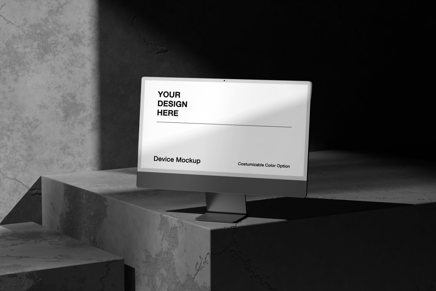 Computer device mockup. Realistic scene and easy to edit. Dark background with shadow psd