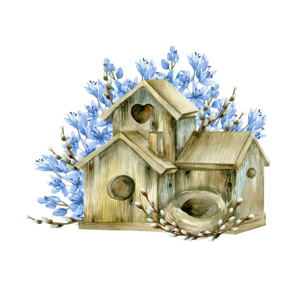 Watercolor wooden birdhouse with nest willow branches and spring lilac blue blooming flowers illustration. Happy Easter composition for invitation, greeting card, label, logo design. Spring decoration vector