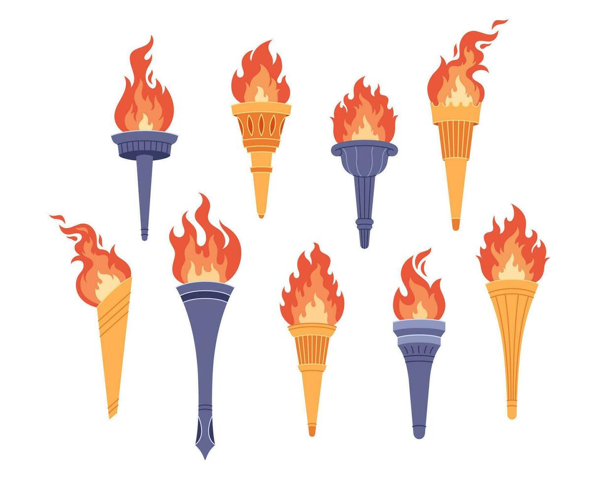 Set of burning torches with flame. Symbol of competition victory, champion vector