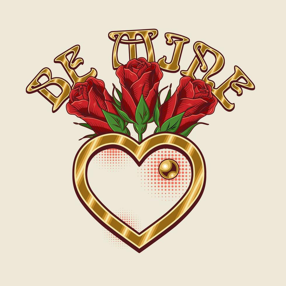 Label with golden heart, bouquet of red roses, text Be mine. vector